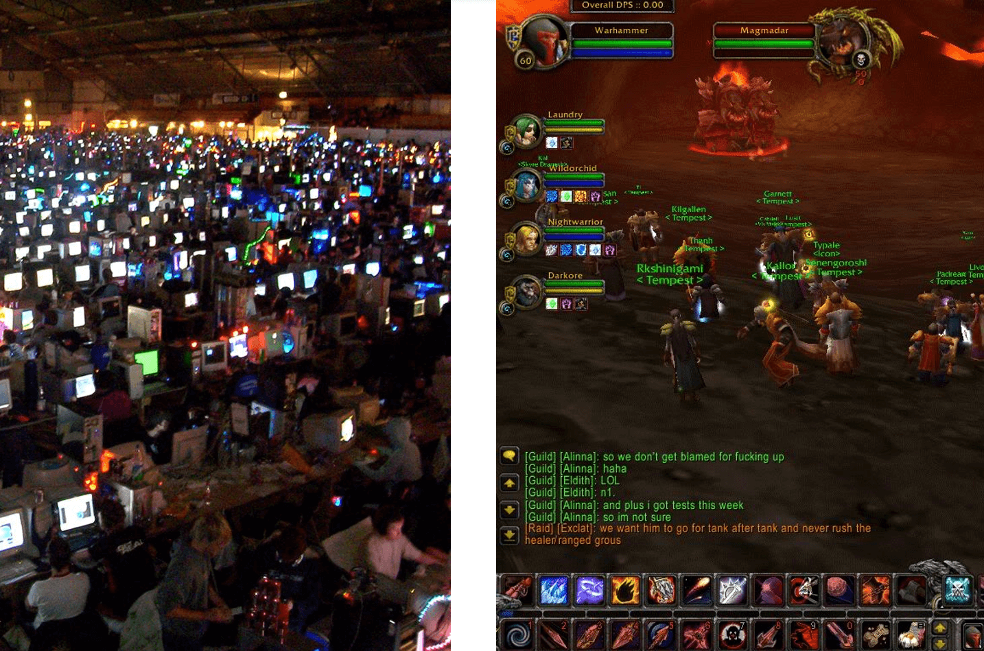 A gauche, un rassemblement important de joueurs dans un même endroit (LAN ou local area network). A droite, une image du jeu de World of Warcraft où l’on aperçoit plusieurs avatars au même endroit dans le monde représenté.